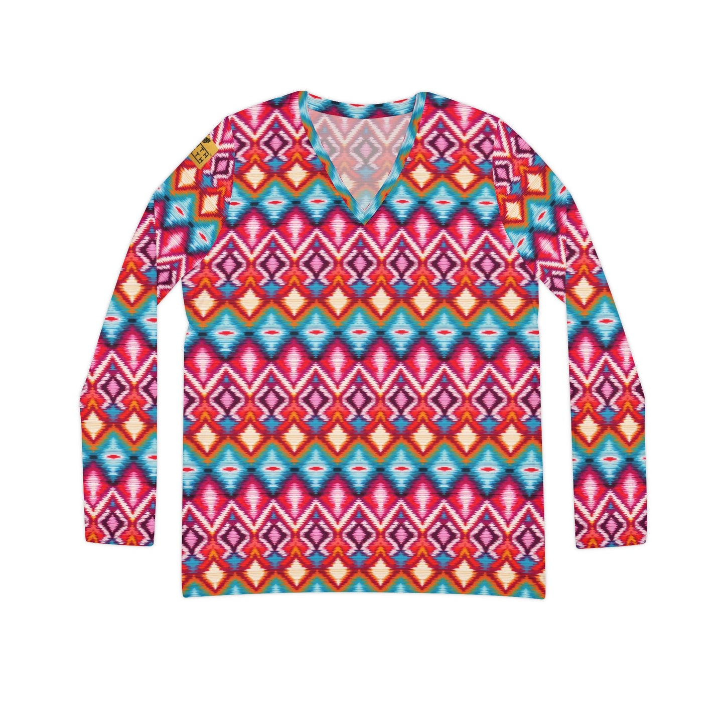Women's V-Neck Long Sleeve Shirt — Vibrant Geometric Aztec All-Over Print | With PMF Truth + Faith logo on Right Sleeve | PeaceMonkFinds