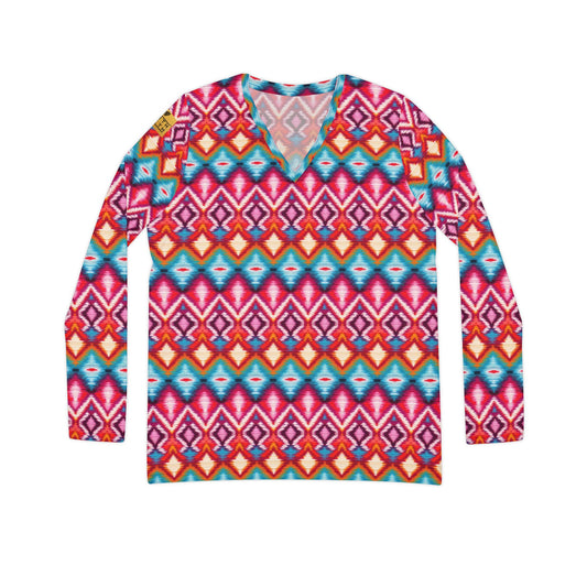 Women's V-Neck Long Sleeve Shirt — Vibrant Geometric Aztec All-Over Print | With PMF Truth + Faith logo on Right Sleeve | PeaceMonkFinds