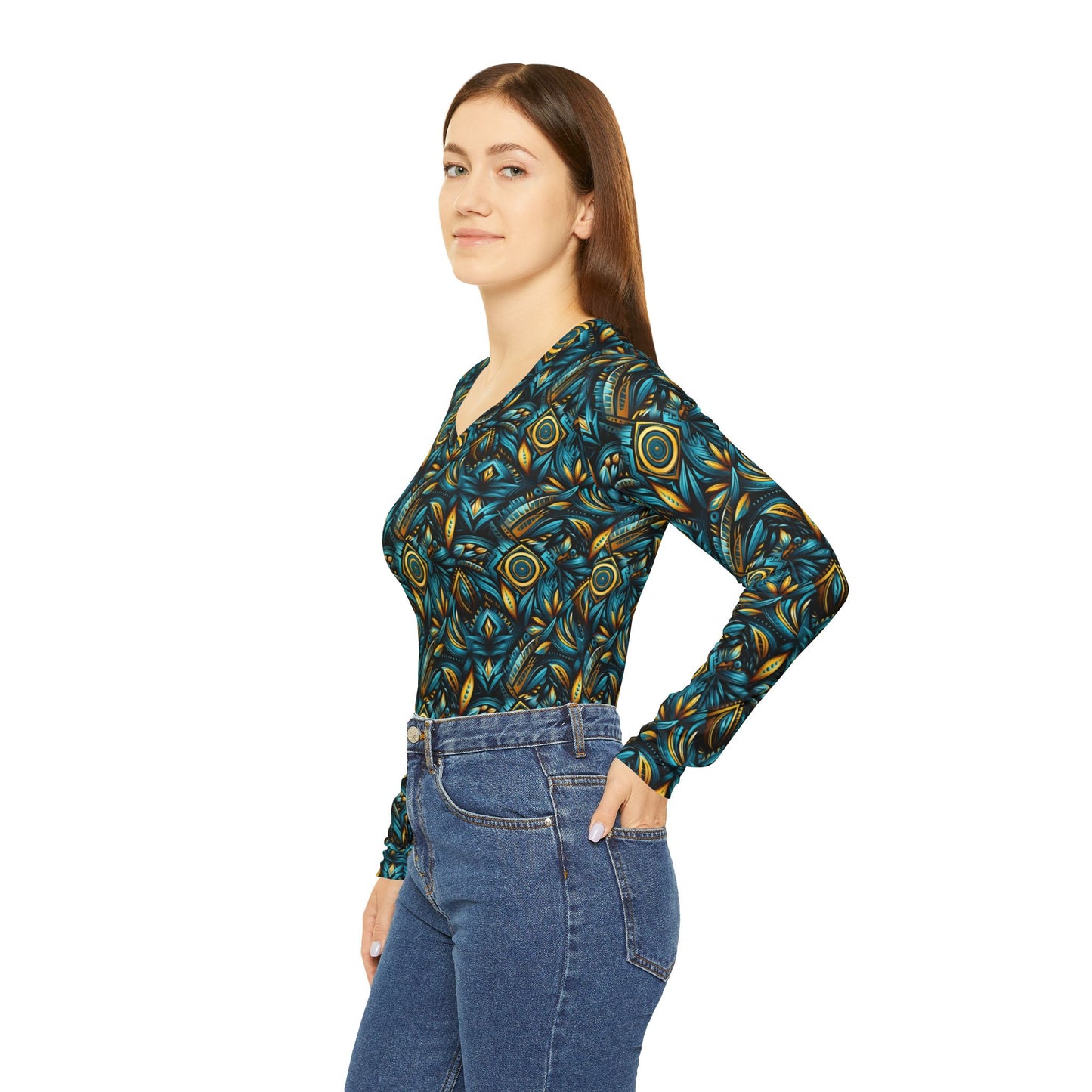 Women's V‑Neck Long Sleeve Shirt — Teal & Gold Abstract Floral All-Over Print | With PMF Truth + Faith logo on Right Sleeve | PeaceMonkFinds
