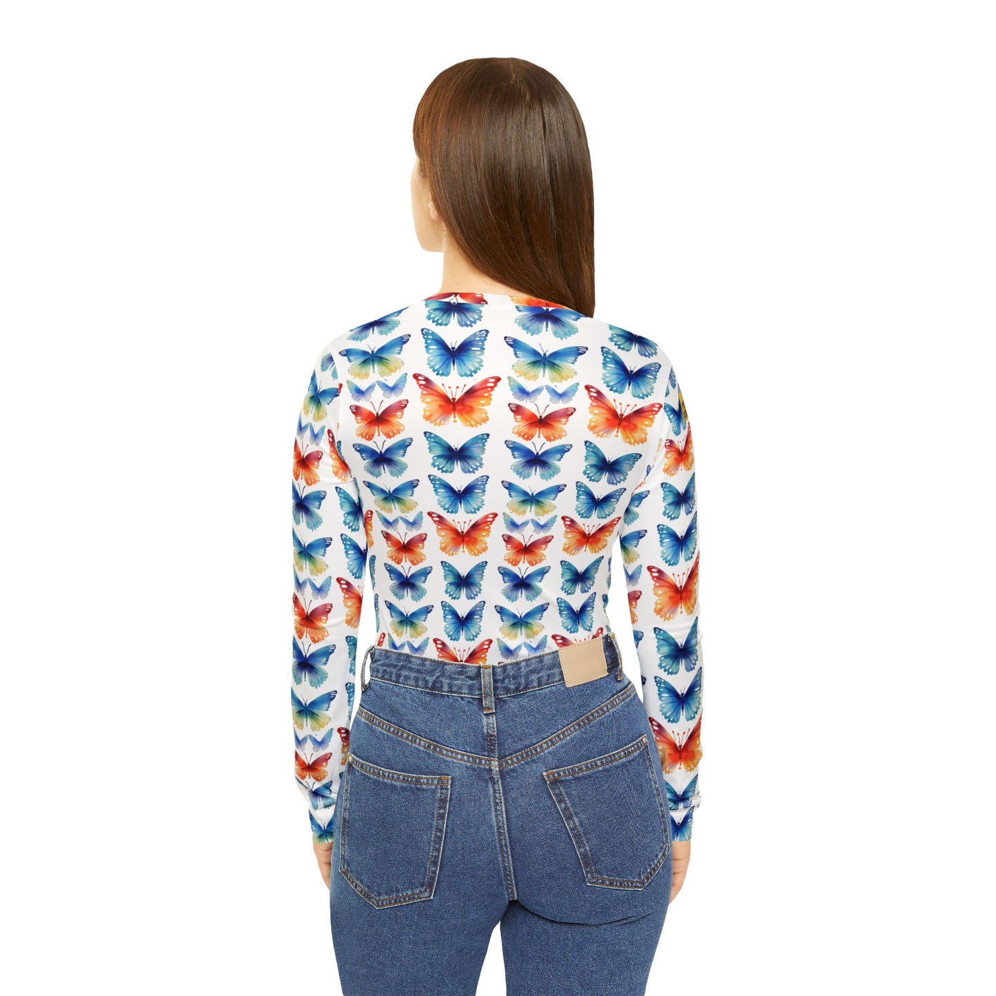 Butterfly Watercolor V-Neck Long Sleeve — Women's Floral Pattern Top | With PMF Truth + Faith logo on Right Sleeve | PeaceMonkFinds
