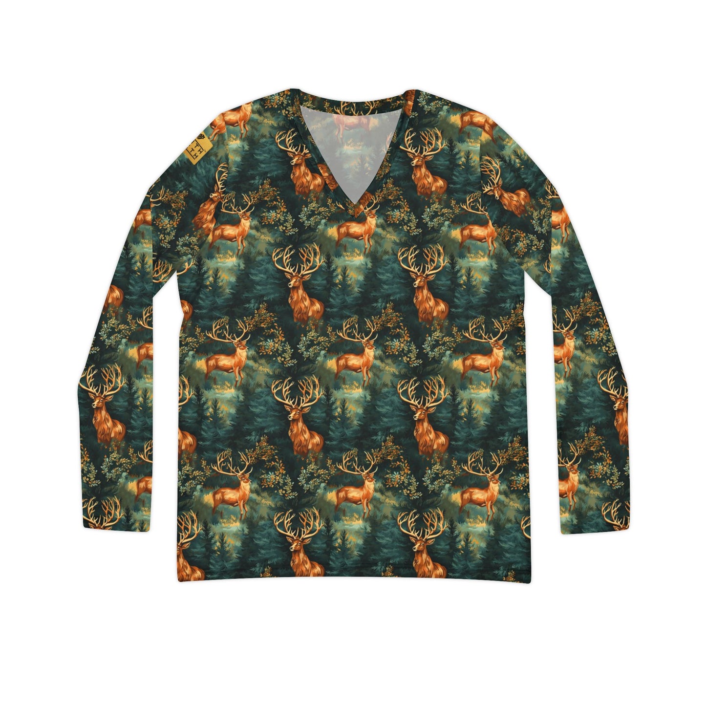 Women's V-Neck Long Sleeve Shirt – Forest Deer All-Over Print | With PMF Truth + Faith logo on Right Sleeve | PeaceMonkFinds