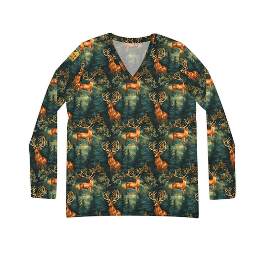Women's V-Neck Long Sleeve Shirt – Forest Deer All-Over Print | With PMF Truth + Faith logo on Right Sleeve | PeaceMonkFinds