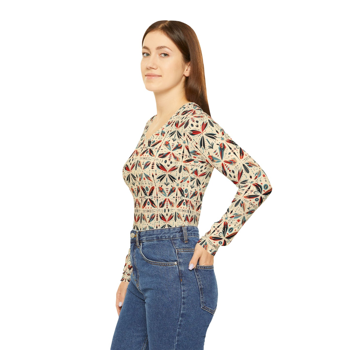 Women's V-Neck Long Sleeve Shirt – Forest Deer All-Over Print