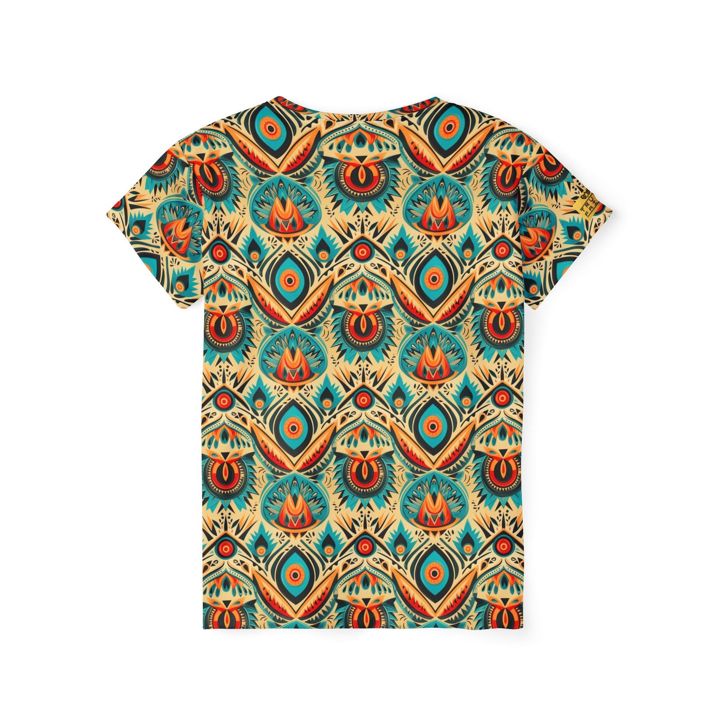 Women’s All-Over Print Jersey — Boho Peacock Feather Pattern Tee | With PMF Truth + Faith logo on Right Sleeve