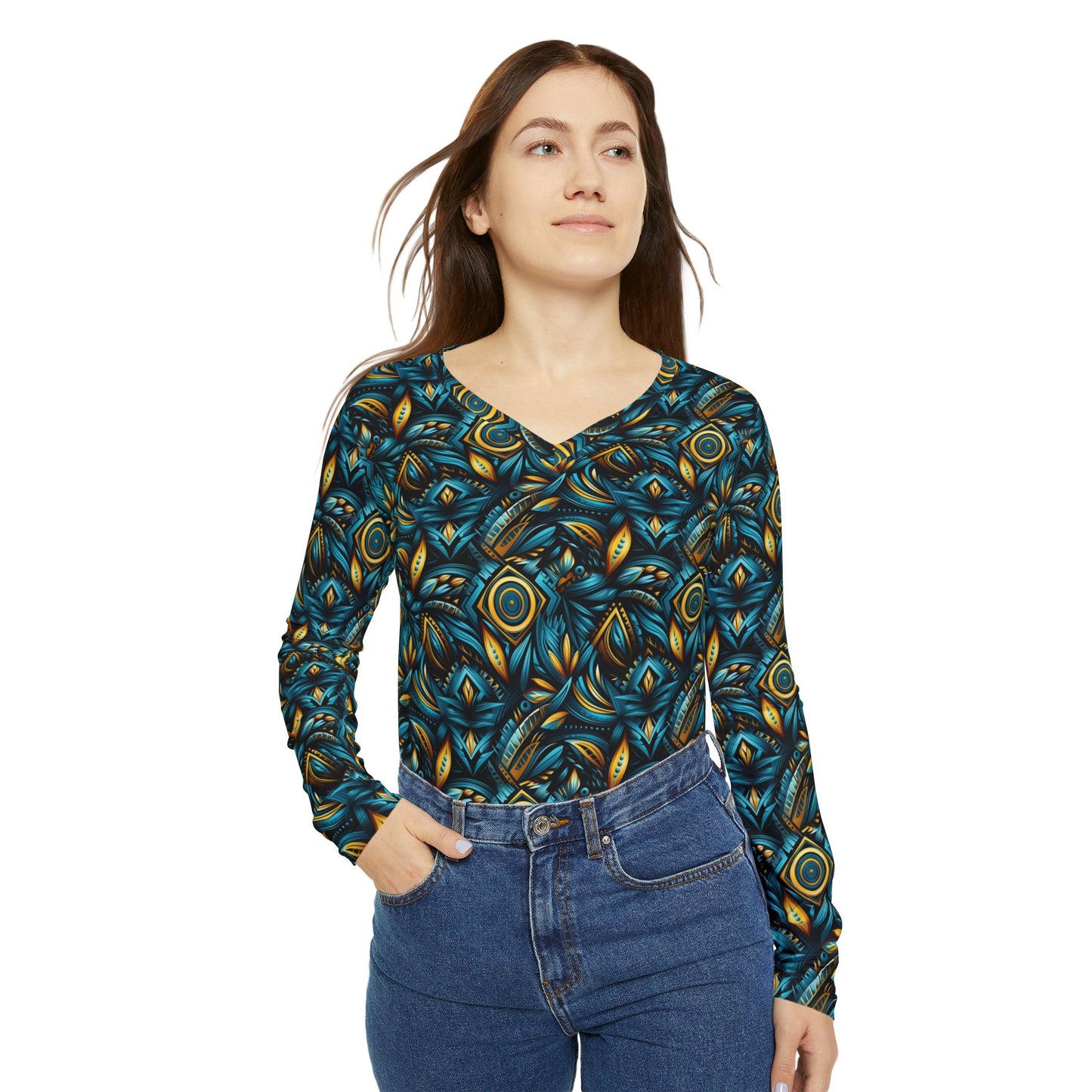 Women's V‑Neck Long Sleeve Shirt — Teal & Gold Abstract Floral All-Over Print | With PMF Truth + Faith logo on Right Sleeve | PeaceMonkFinds
