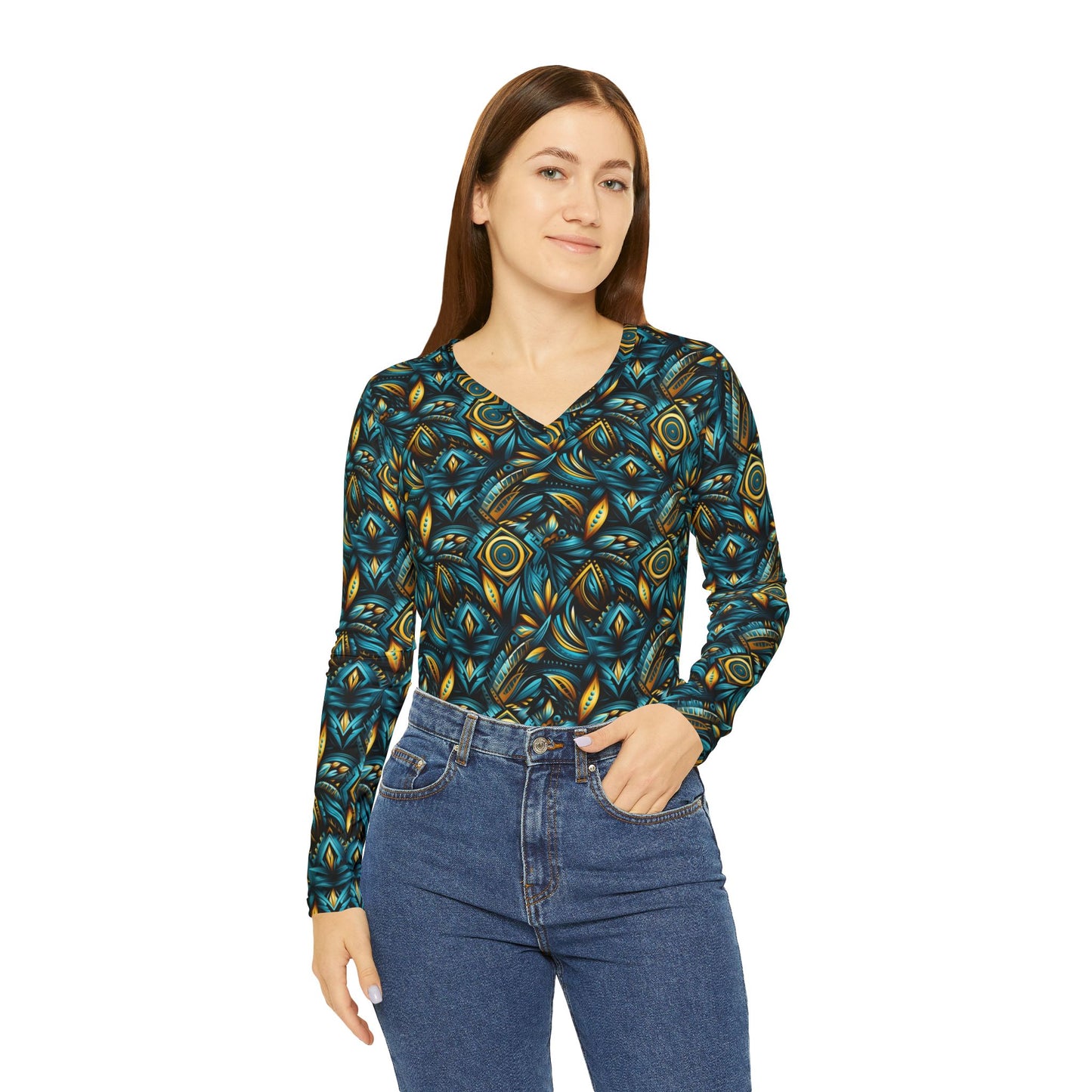 Women's V‑Neck Long Sleeve Shirt — Teal & Gold Abstract Floral All-Over Print | With PMF Truth + Faith logo on Right Sleeve | PeaceMonkFinds