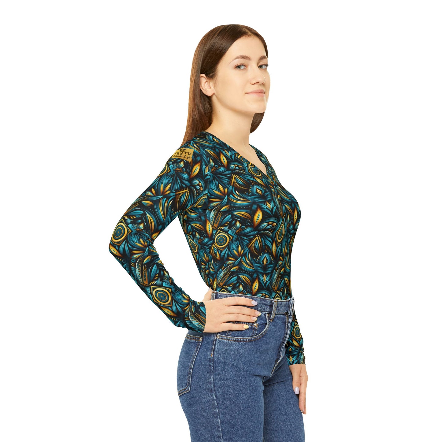 Women's V‑Neck Long Sleeve Shirt — Teal & Gold Abstract Floral All-Over Print | With PMF Truth + Faith logo on Right Sleeve | PeaceMonkFinds