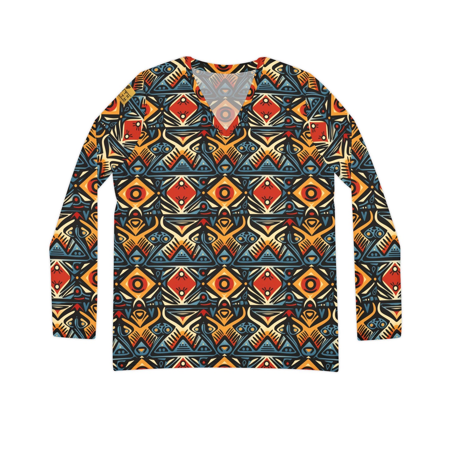 Tribal Geo Print Women's V-Neck Long Sleeve Shirt | With PMF Truth + Faith logo on Right Sleeve
