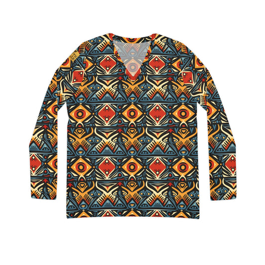 Tribal Geo Print Women's V-Neck Long Sleeve Shirt | With PMF Truth + Faith logo on Right Sleeve