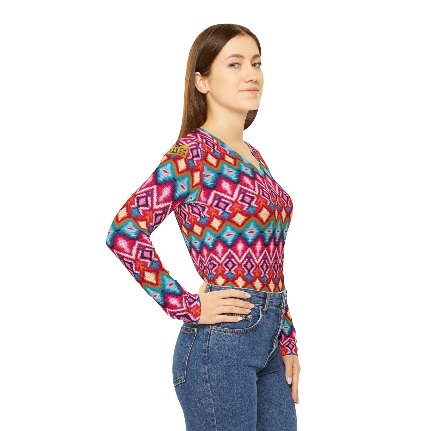 Women's V-Neck Long Sleeve Shirt — Vibrant Geometric Aztec All-Over Print | With PMF Truth + Faith logo on Right Sleeve | PeaceMonkFinds