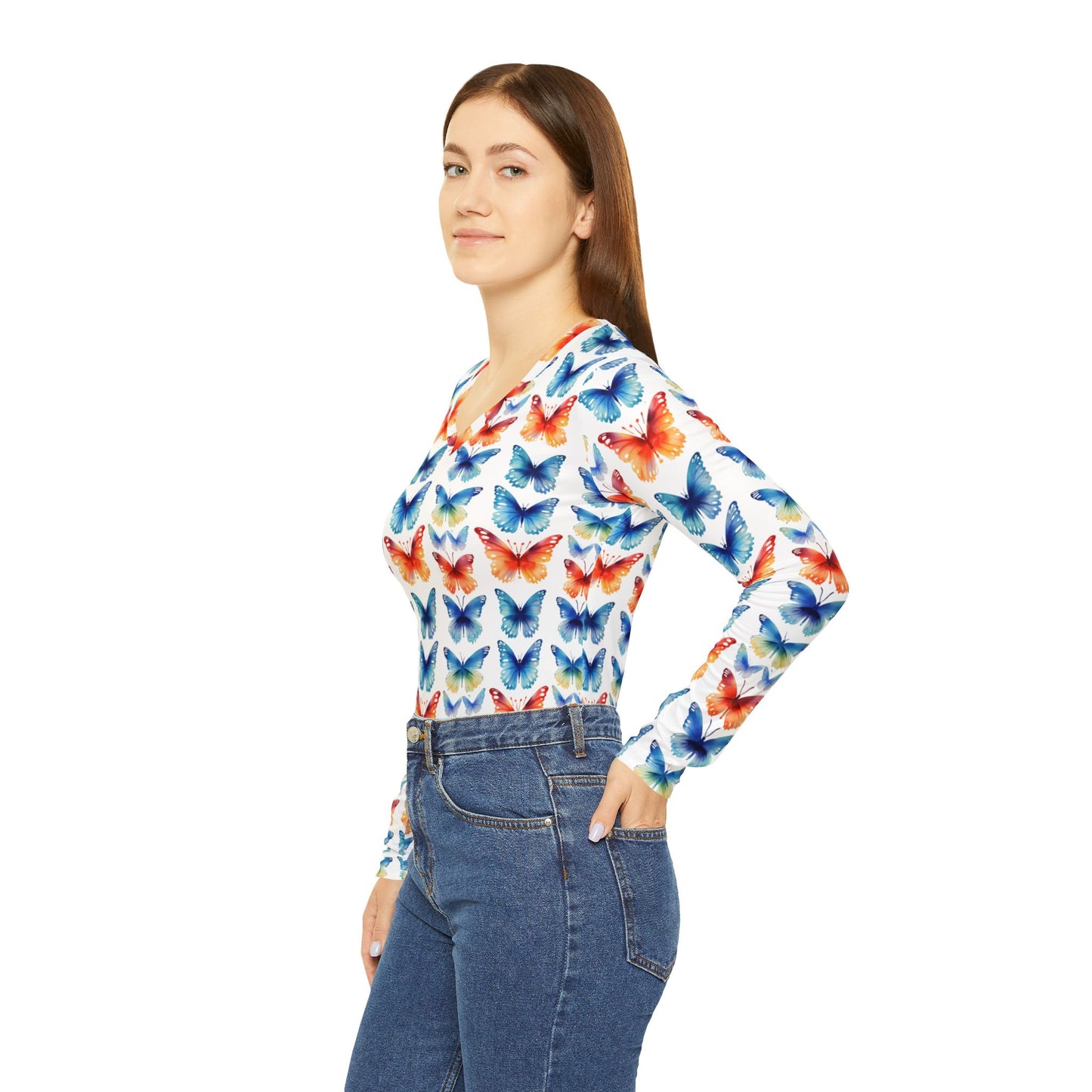 Butterfly Watercolor V-Neck Long Sleeve — Women's Floral Pattern Top | With PMF Truth + Faith logo on Right Sleeve | PeaceMonkFinds