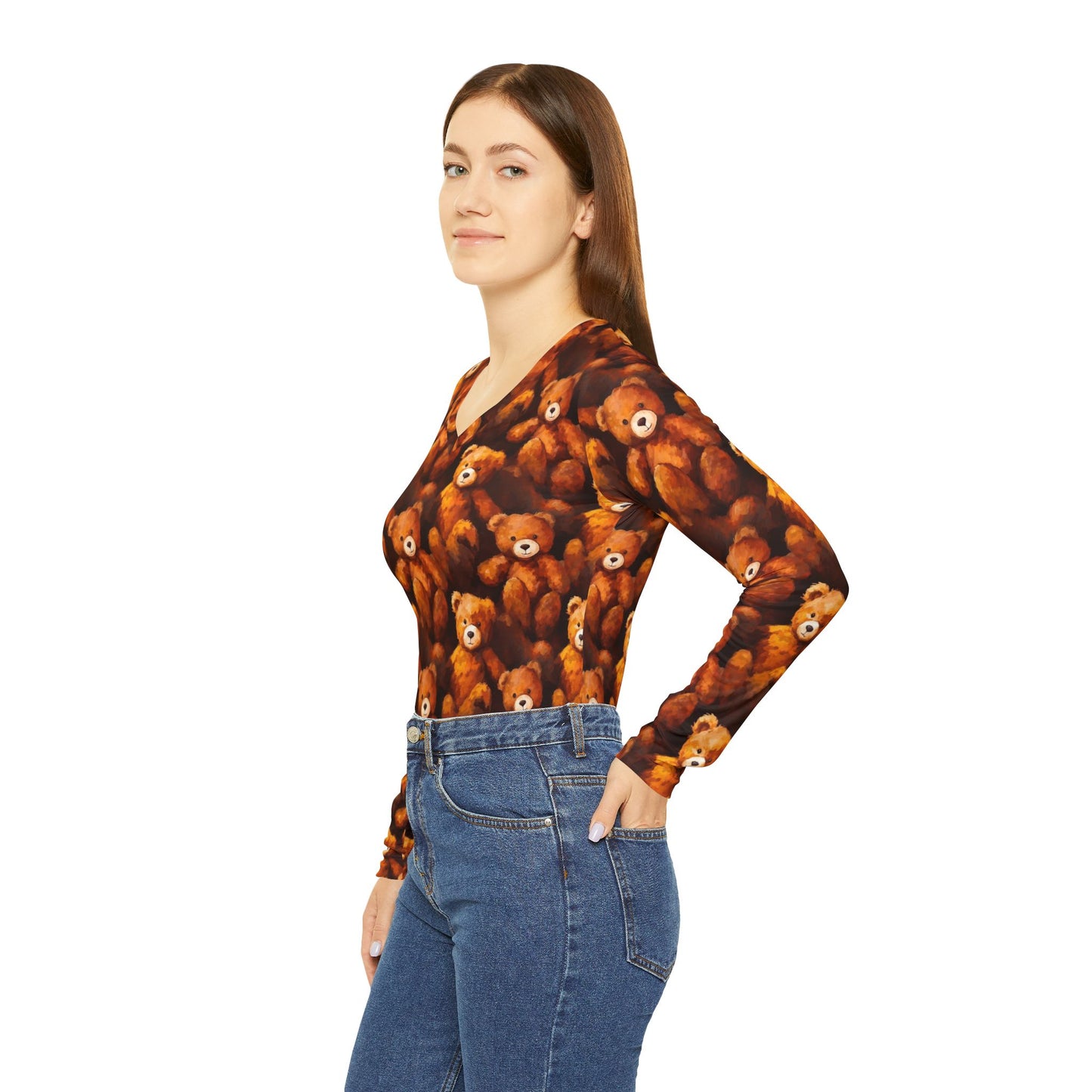 Teddy Bear Print V-Neck Long Sleeve Shirt | With PMF Truth + Faith logo on Right Sleeve | PeaceMonkFinds