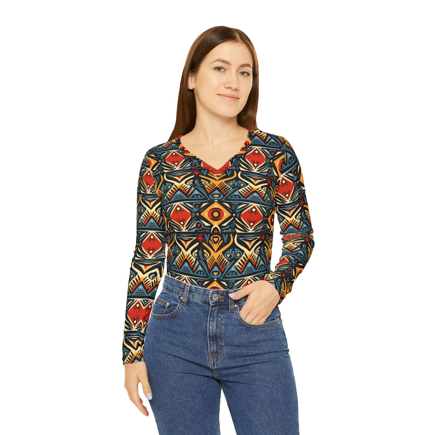 Tribal Geo Print Women's V-Neck Long Sleeve Shirt | With PMF Truth + Faith logo on Right Sleeve