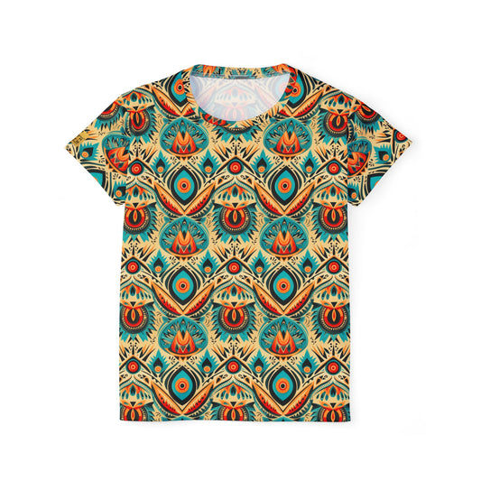 Women’s All-Over Print Jersey — Boho Peacock Feather Pattern Tee | With PMF Truth + Faith logo on Right Sleeve
