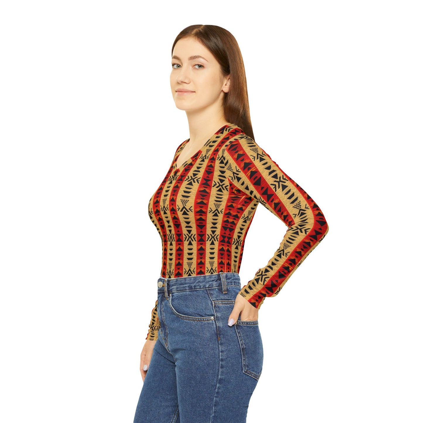 Aztec Stripe V-Neck Long Sleeve | With PMF Truth + Faith logo on Right Sleeve | PeaceMonkFinds