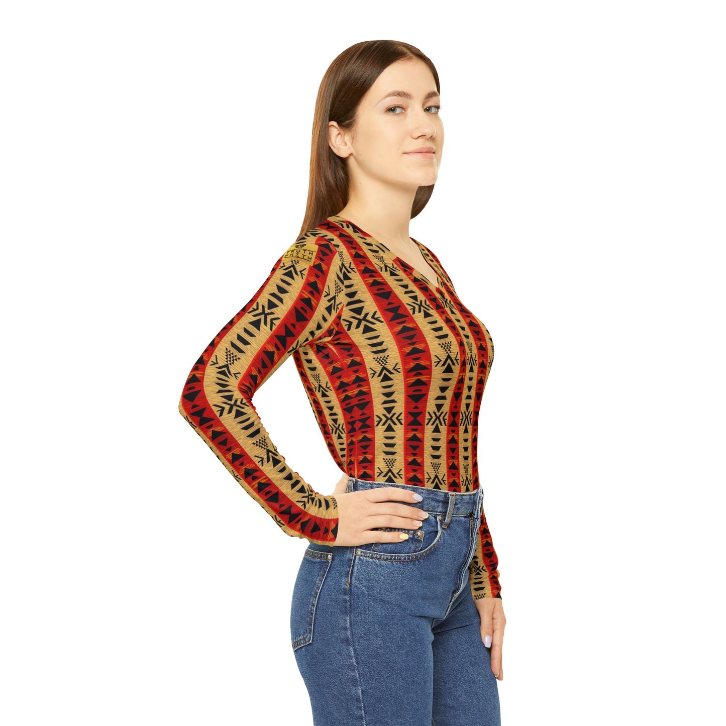 Aztec Stripe V-Neck Long Sleeve | With PMF Truth + Faith logo on Right Sleeve | PeaceMonkFinds