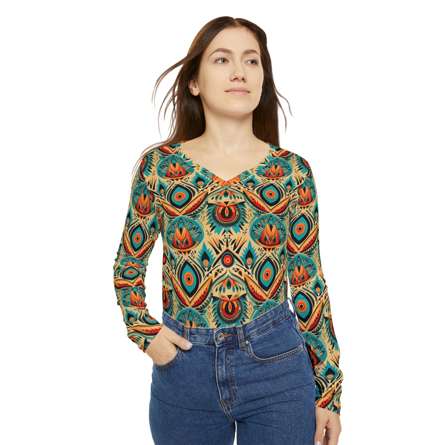 Boho Peacock Paisley V-Neck Long Sleeve | With PMF Truth + Faith logo on Right Sleeve