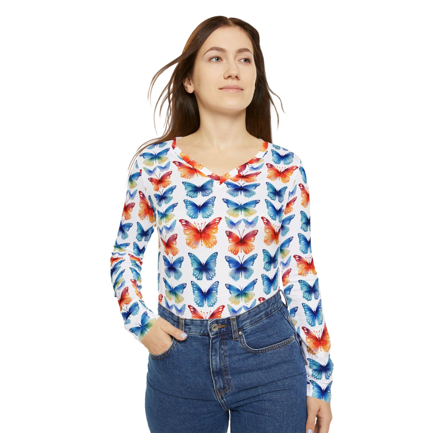Butterfly Watercolor V-Neck Long Sleeve — Women's Floral Pattern Top | With PMF Truth + Faith logo on Right Sleeve | PeaceMonkFinds