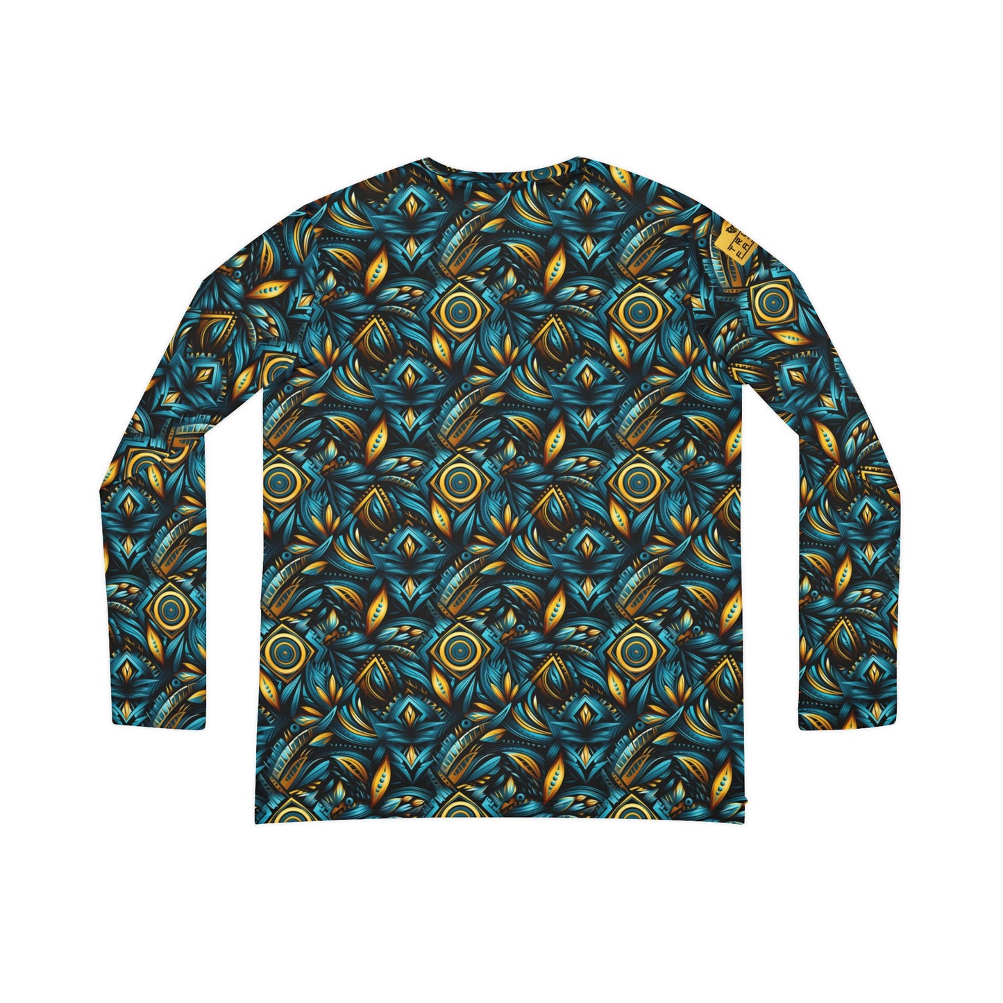 Women's V‑Neck Long Sleeve Shirt — Teal & Gold Abstract Floral All-Over Print | With PMF Truth + Faith logo on Right Sleeve | PeaceMonkFinds