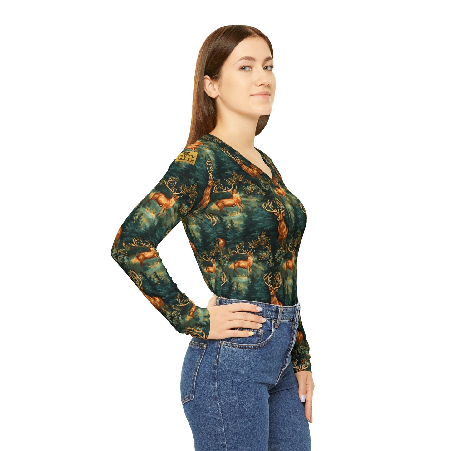 Women's V-Neck Long Sleeve Shirt – Forest Deer All-Over Print | With PMF Truth + Faith logo on Right Sleeve | PeaceMonkFinds