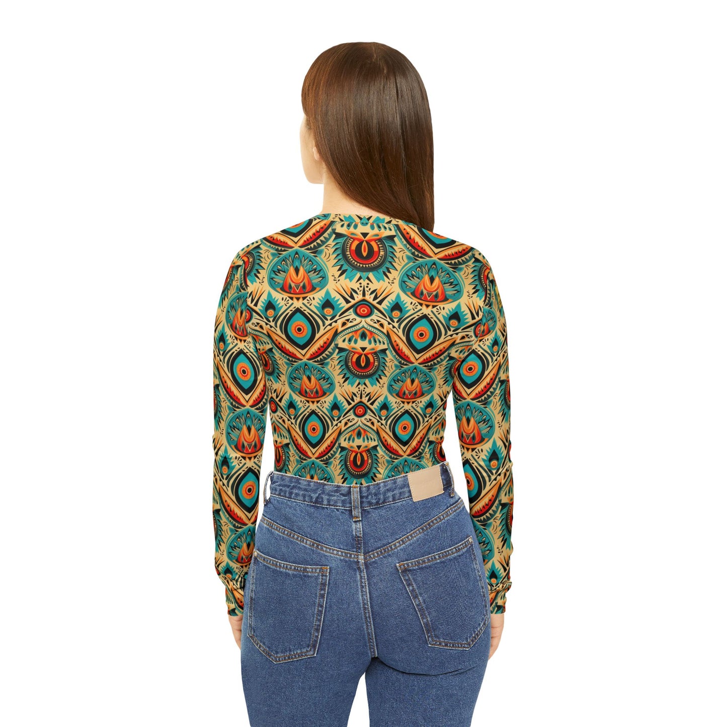 Boho Peacock Paisley V-Neck Long Sleeve | With PMF Truth + Faith logo on Right Sleeve