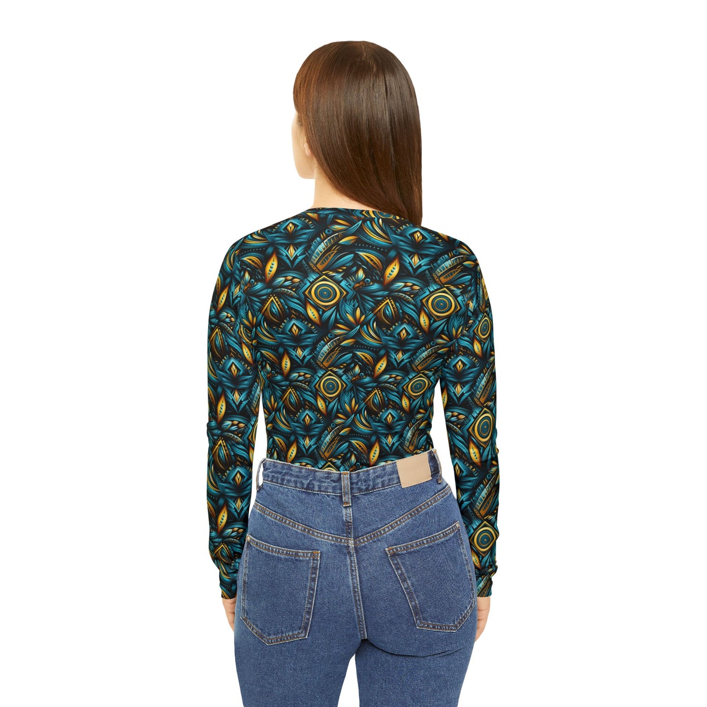 Women's V‑Neck Long Sleeve Shirt — Teal & Gold Abstract Floral All-Over Print | With PMF Truth + Faith logo on Right Sleeve | PeaceMonkFinds