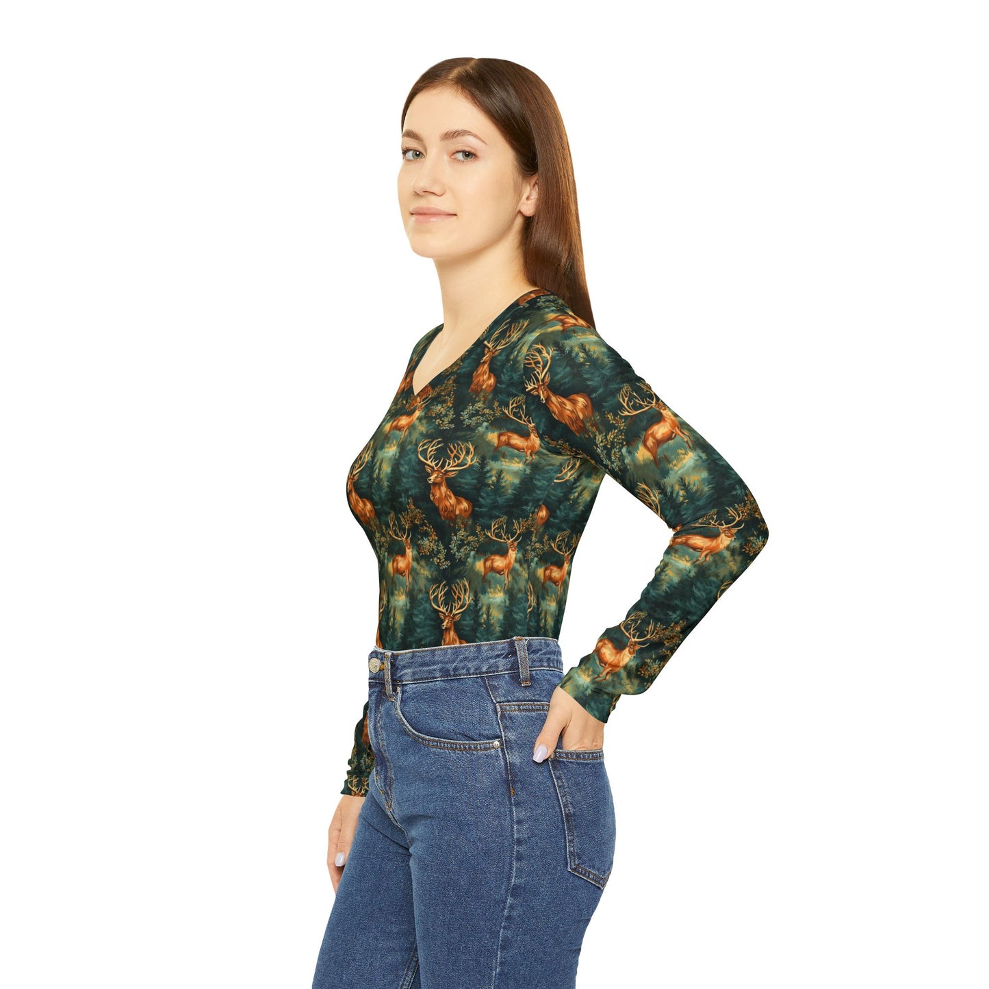 Women's V-Neck Long Sleeve Shirt – Forest Deer All-Over Print | With PMF Truth + Faith logo on Right Sleeve | PeaceMonkFinds